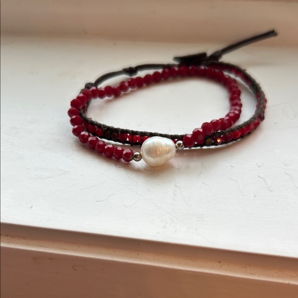 Jewelry - Elegant Red Beaded Bracelet with Pearl Accent